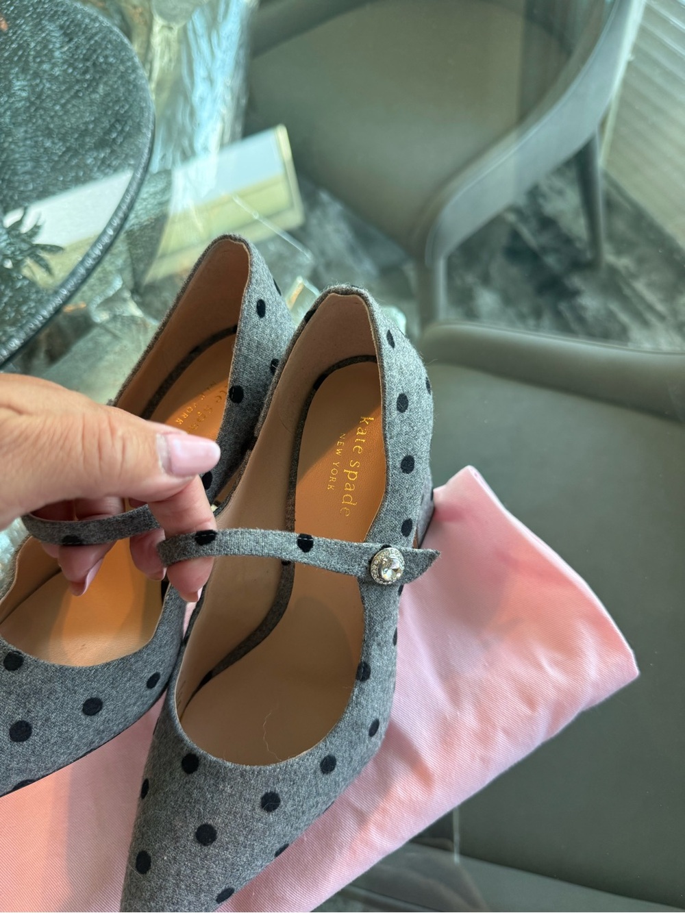 kate spade Gray Polka Dot Mary Jane Heels with Crystal Button - Picture 2 of 6